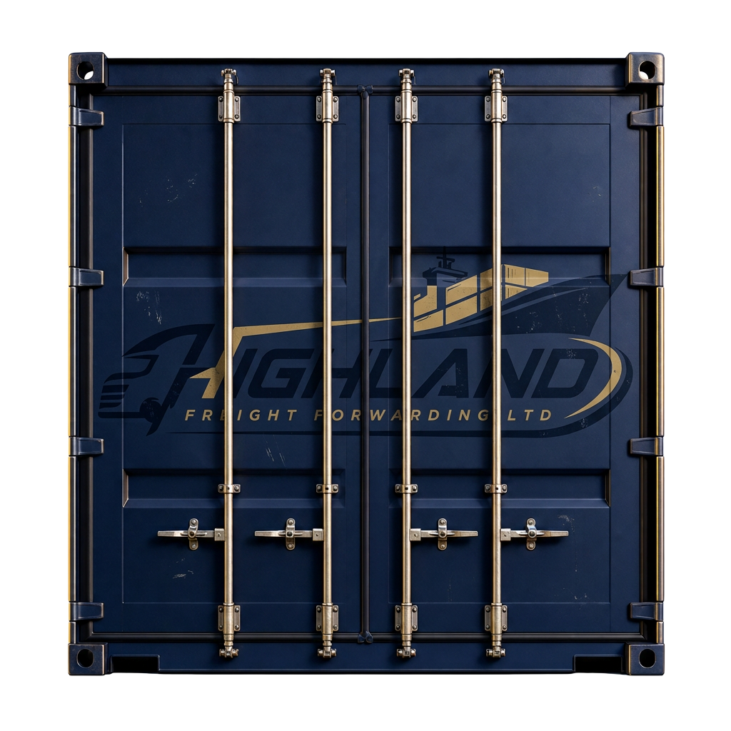 Highland Freight Forwarding navy blue shipping container
