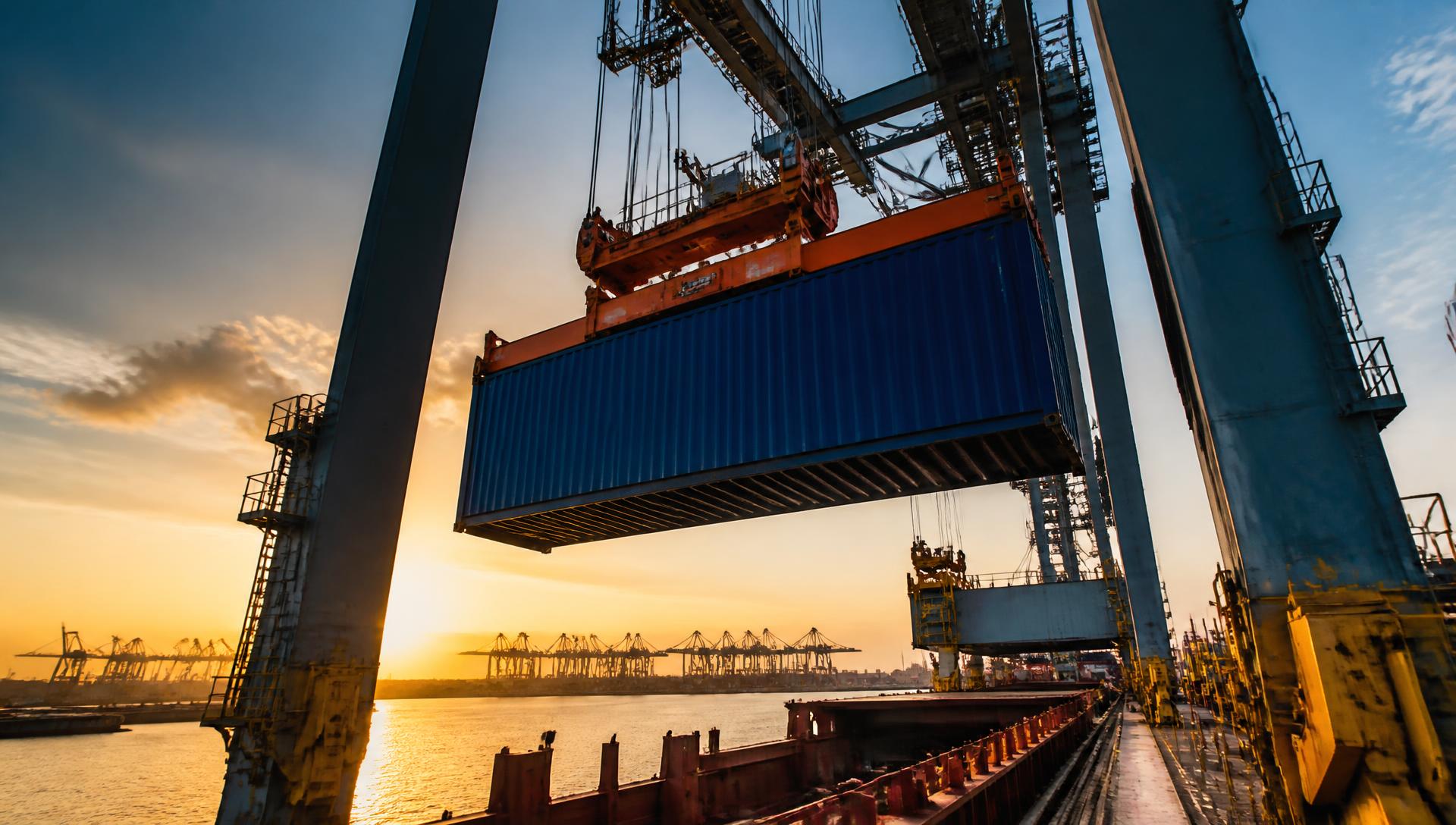 Gantry crane lifting a navy Highland container onto a cargo ship at sunset