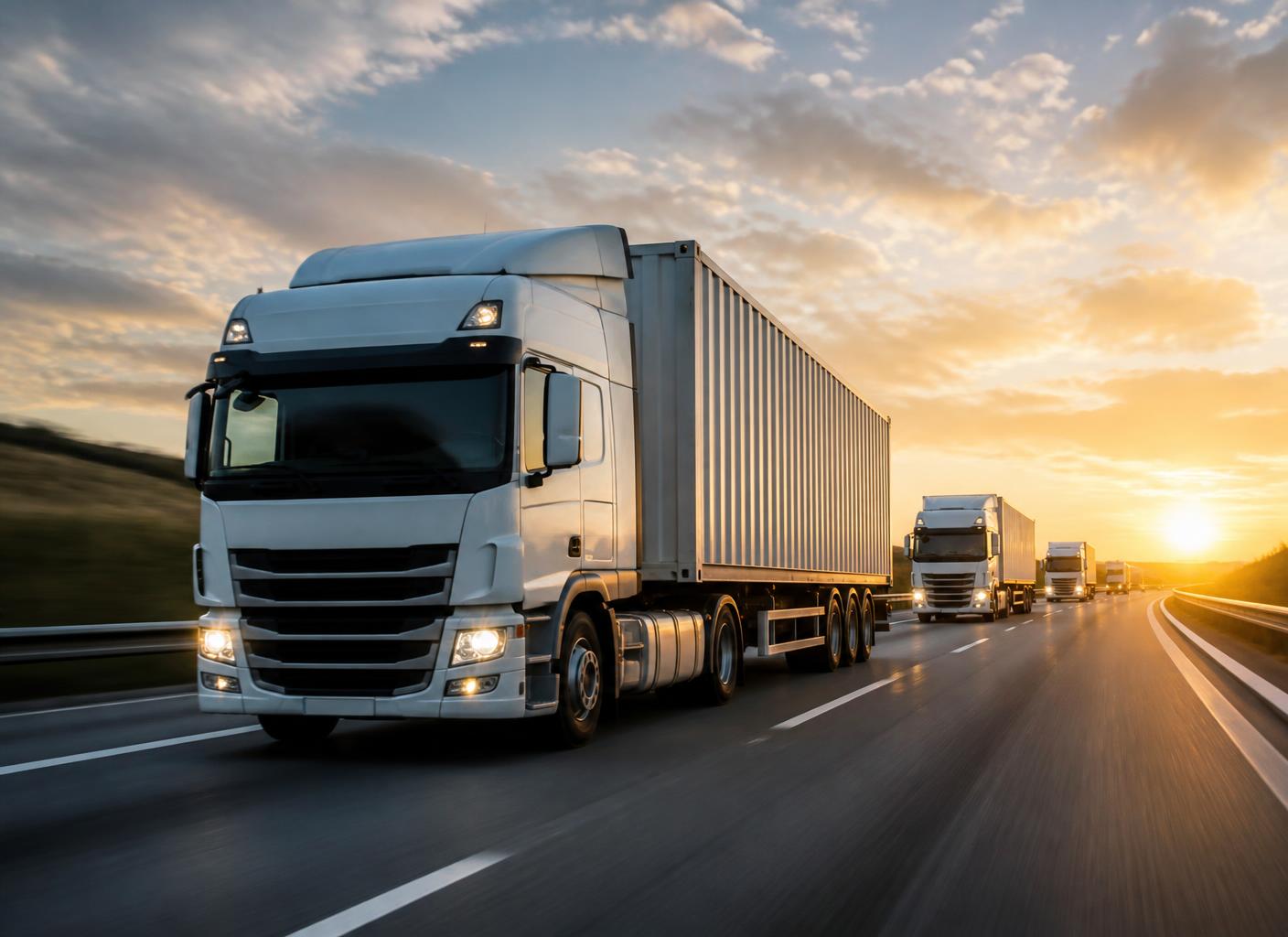 Highland container trucks on a highway at dawn